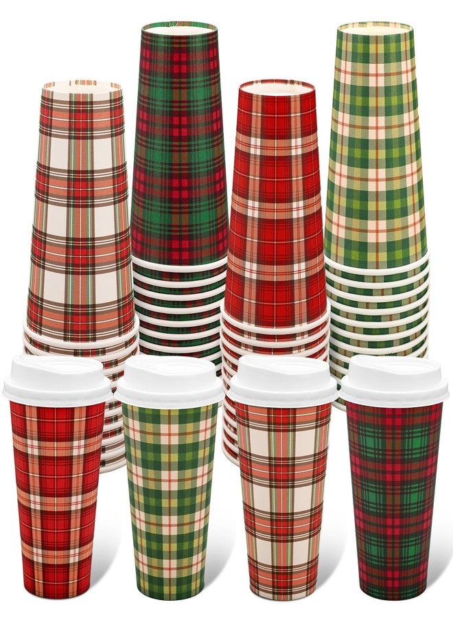 JarThenaAMCS Christmas Disposable Coffee Cups Xmas Buffalo Plaid Paper Cups with Lids 16 Oz To Go Coffee Cup for Holiday Party Cafe Hot Cold Drinks, 48 Pcs - Image 1